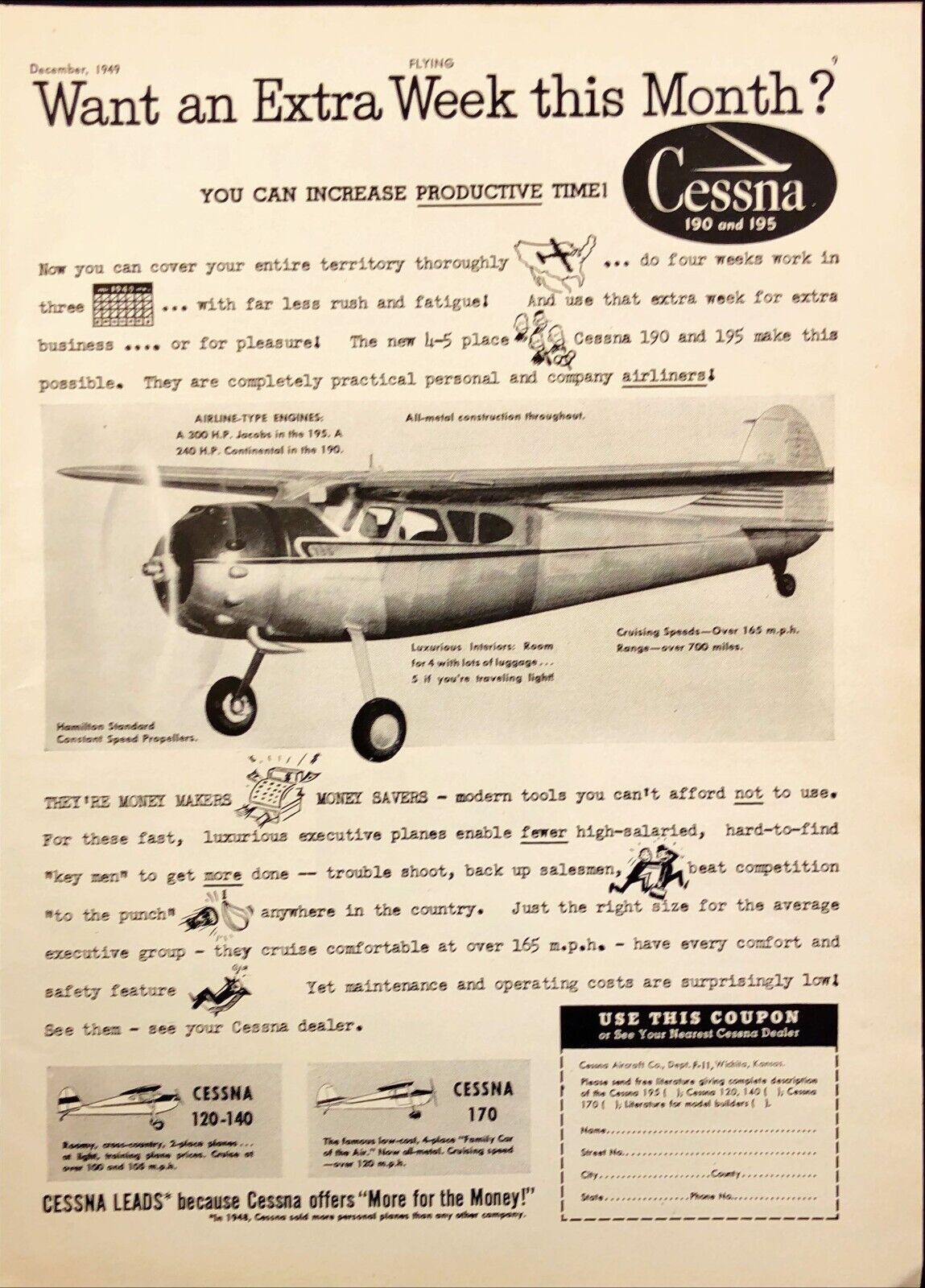1949 Cessna 190 and 195 Aircraft Wichita KS Vintage Print Ad