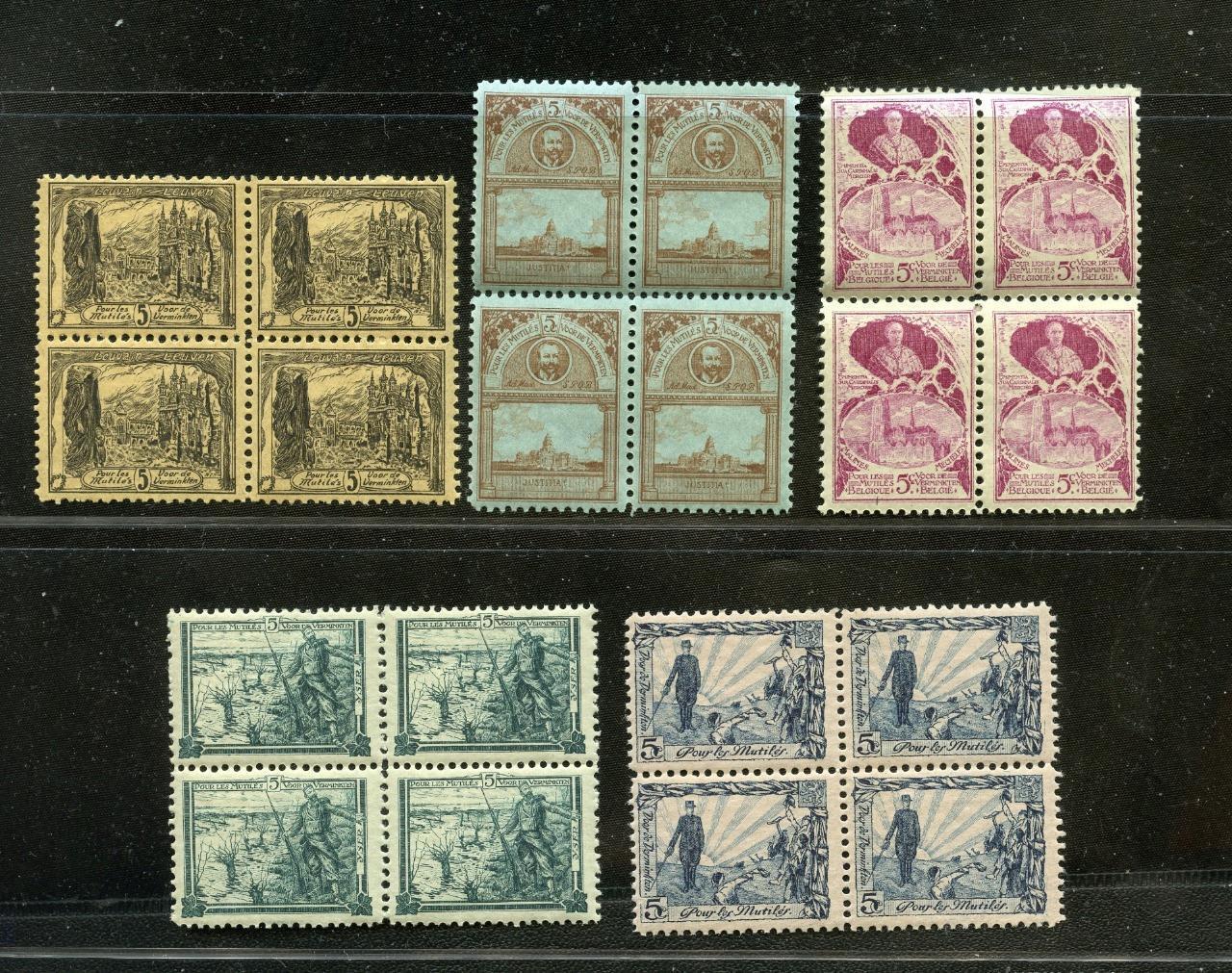 80427 Belgium 1915 - lot WW1 Pro-Mutilated Aid stamps - MNH blocks of 4