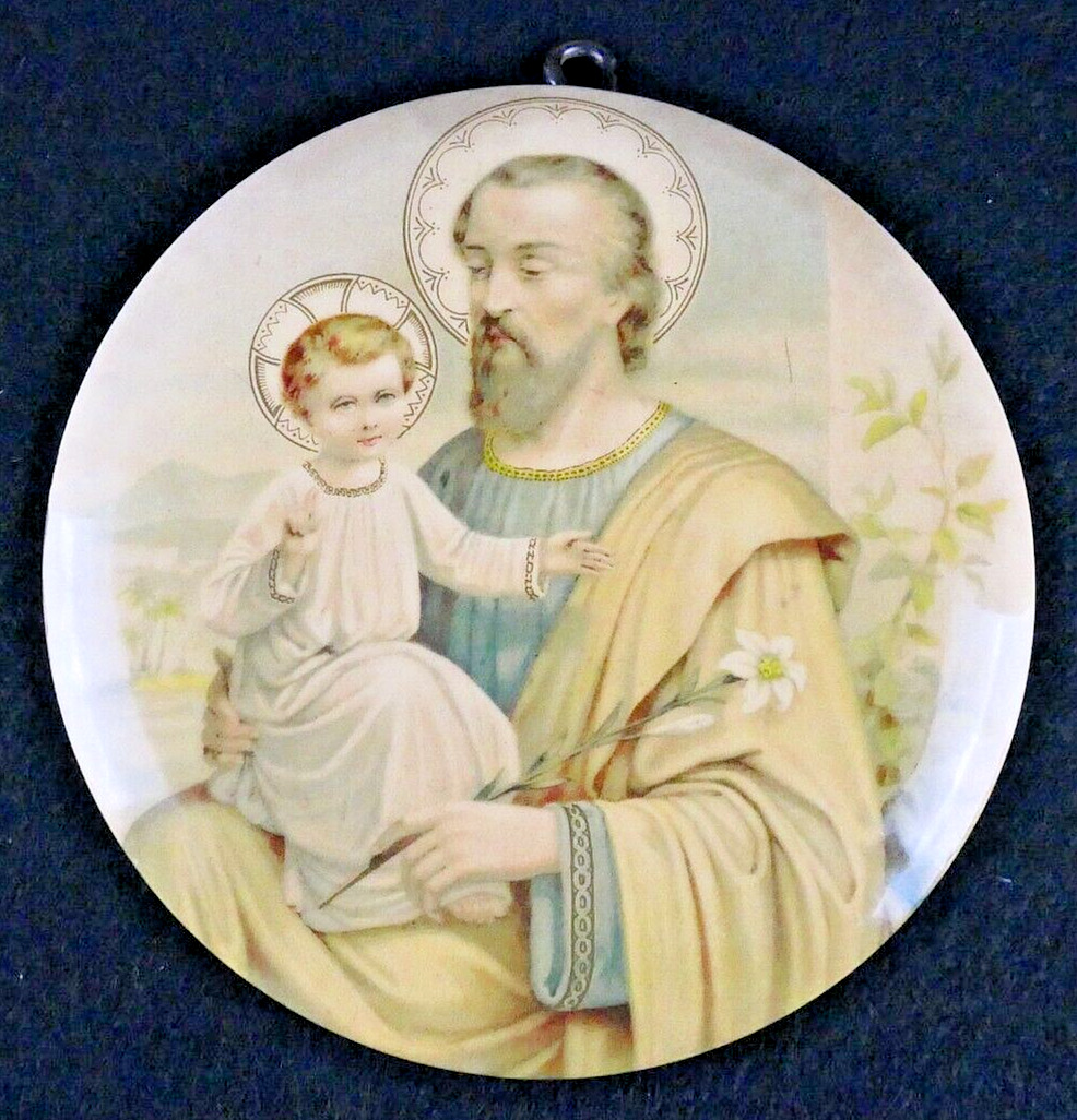 Antique 1890-1900 St Joseph Button-style Tin Art Medallion Religious Collectible