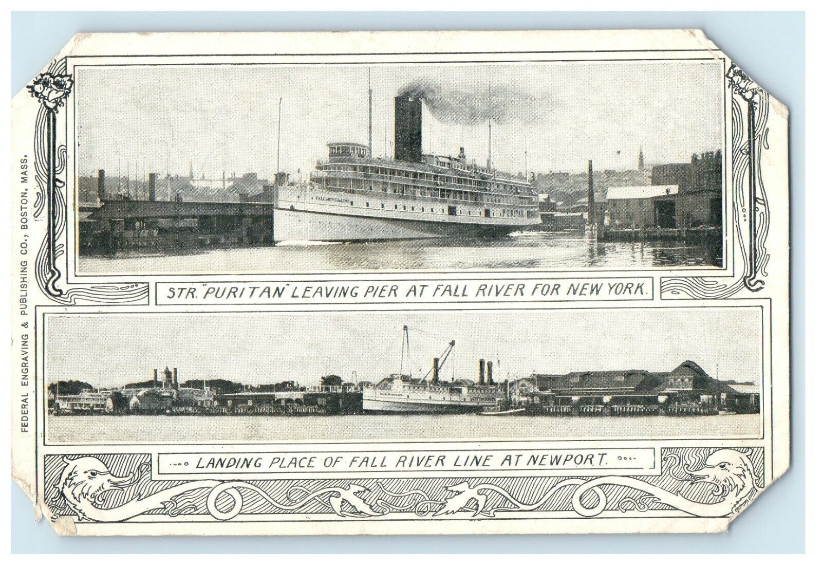 1905 Str. Puritan Leaving Pier at Fall River Massachusetts MA Postcard