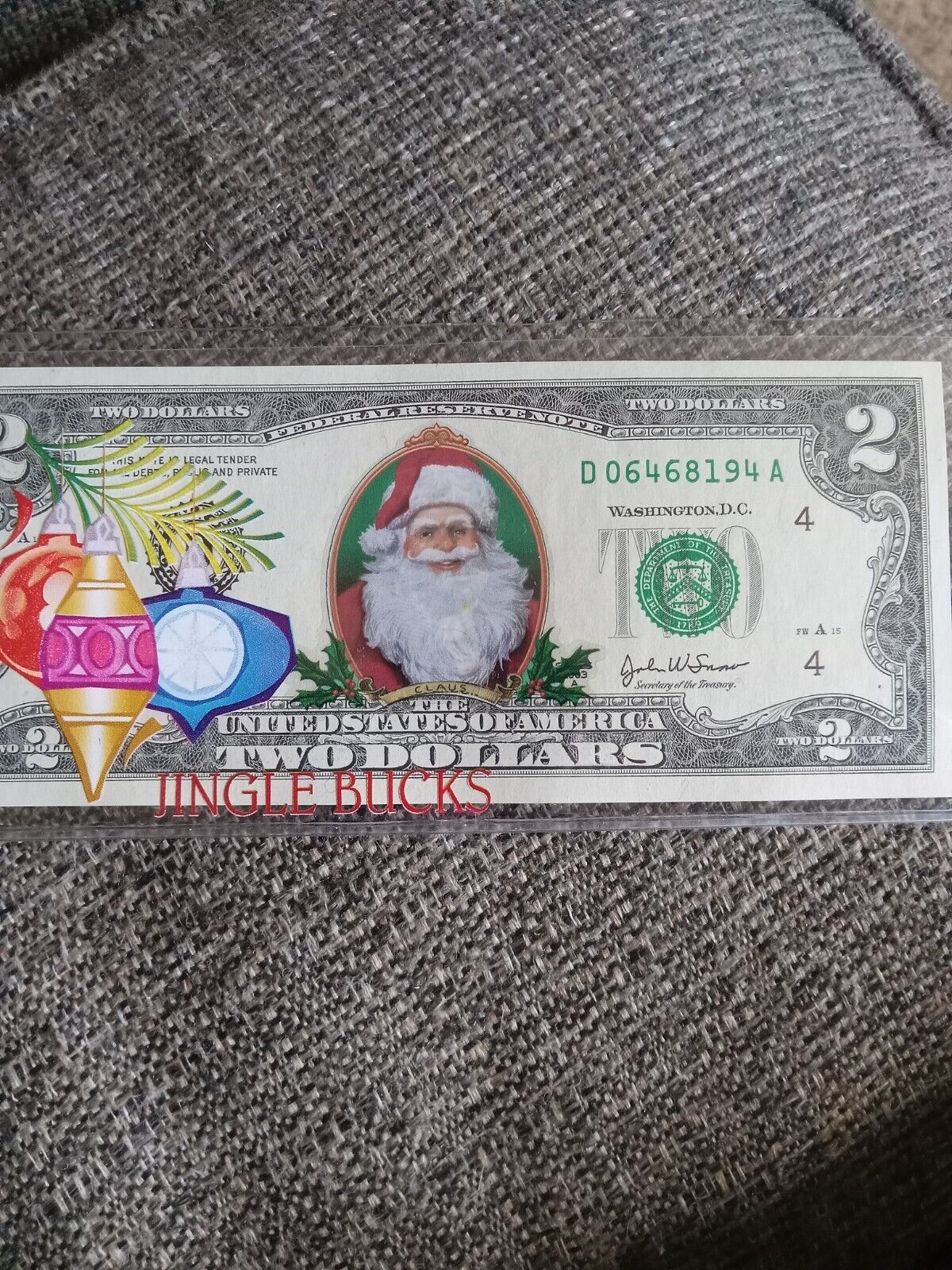 MERRY CHRISTMAS Colorized $2 Bill U.S. Legal Tender SANTA SLEIGH Jingle Bucks