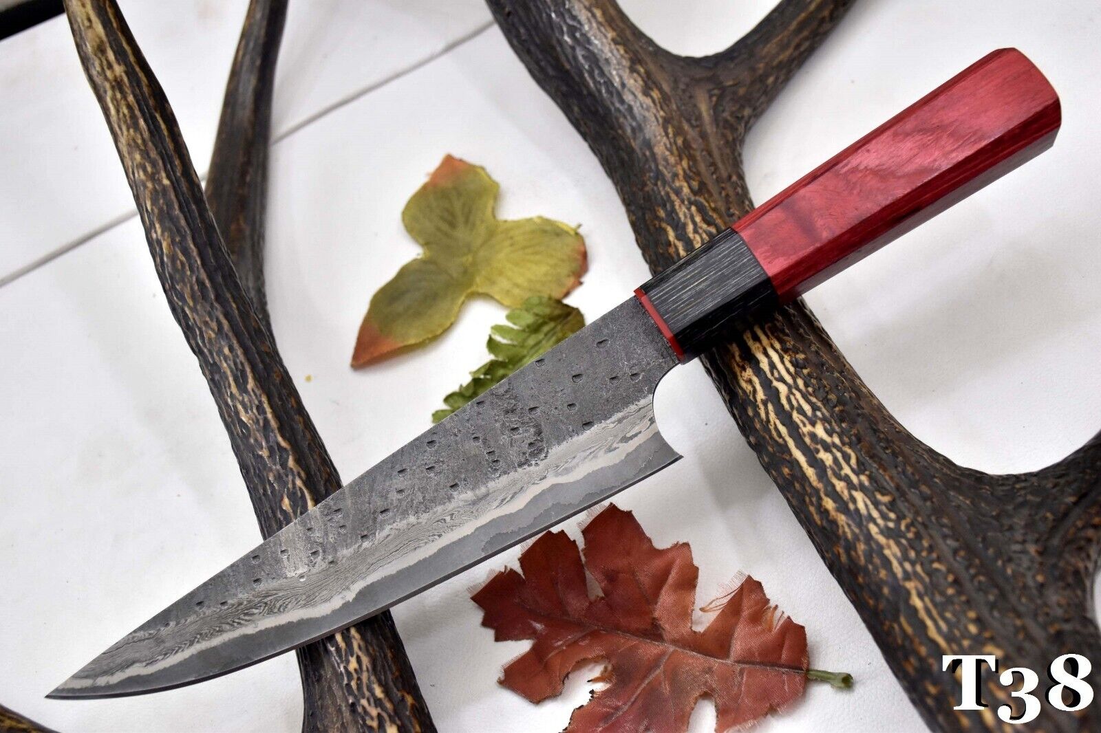 Custom Hammered San Mai Damascus Steel Chef Knife Handmade,Wooden Handle (T38)