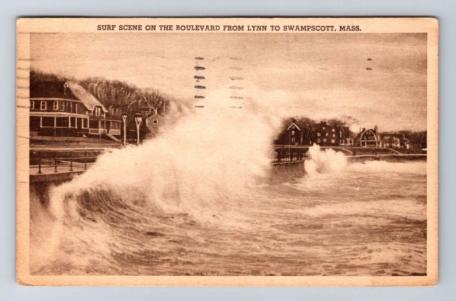 Swampscott MA-Massachusetts, Surf Scene On Boulevard Vintage c1940 Postcard