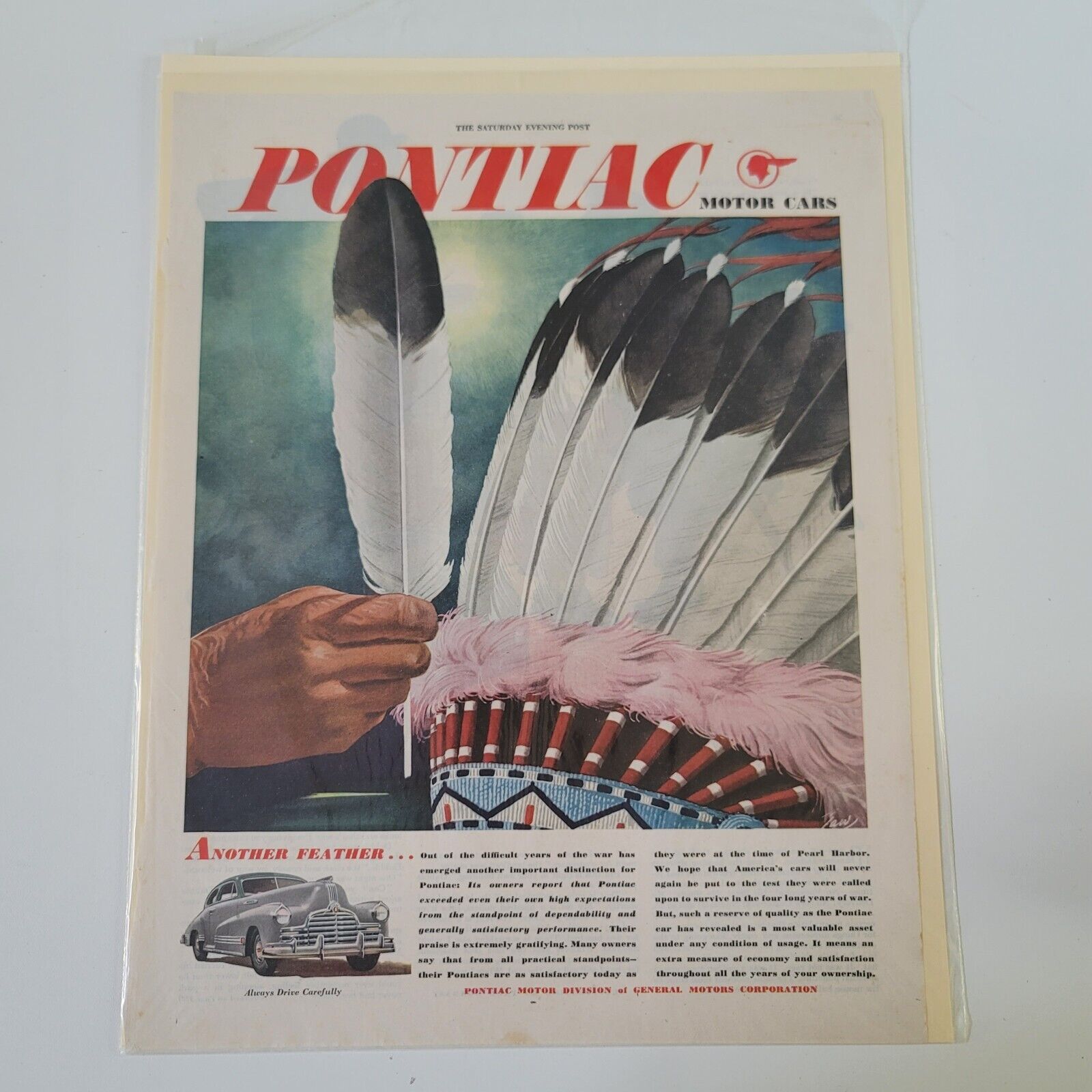 Vintage 1946 Pontiac Native American Head Bonnet Car Auto Ad