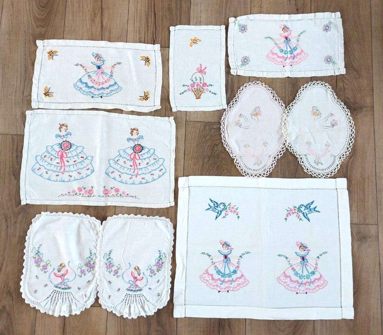 Vintage Hand Embroidered Floral Prairie Girl Southern Doll Linen Doily Lot 9