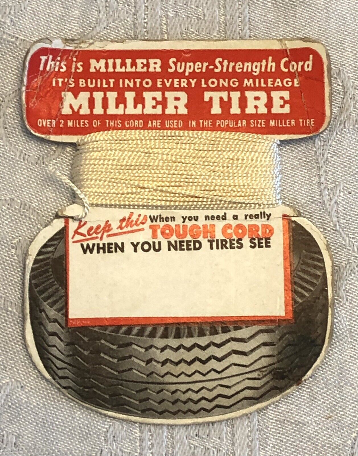 Miller Tire Company Advertising Card Tire Cord Vintage 1920\'s Tough Cord