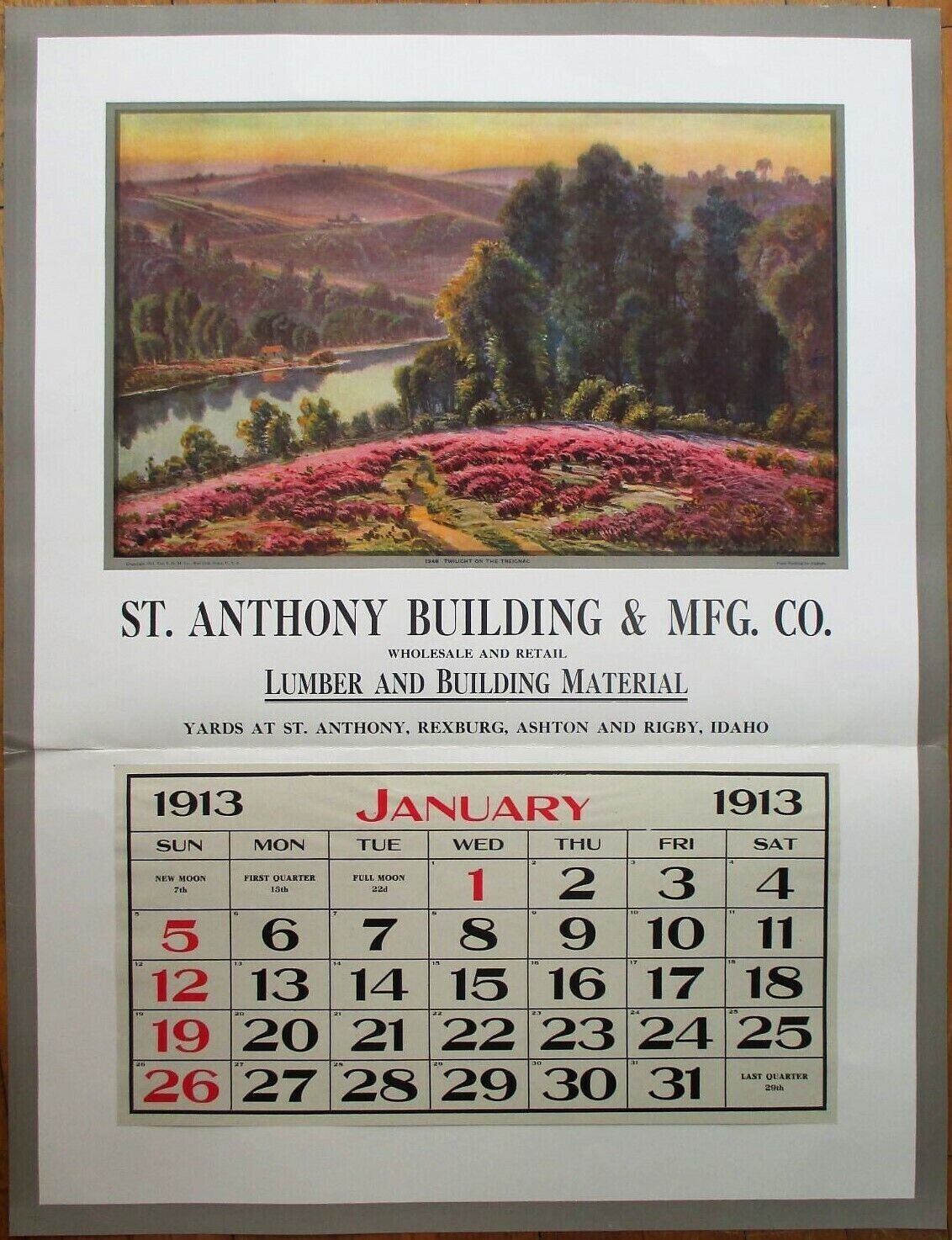 St Anthony Rexburg Ashton Rigby ID 1913 Advertising Calendar 28x21 Poster Lumber