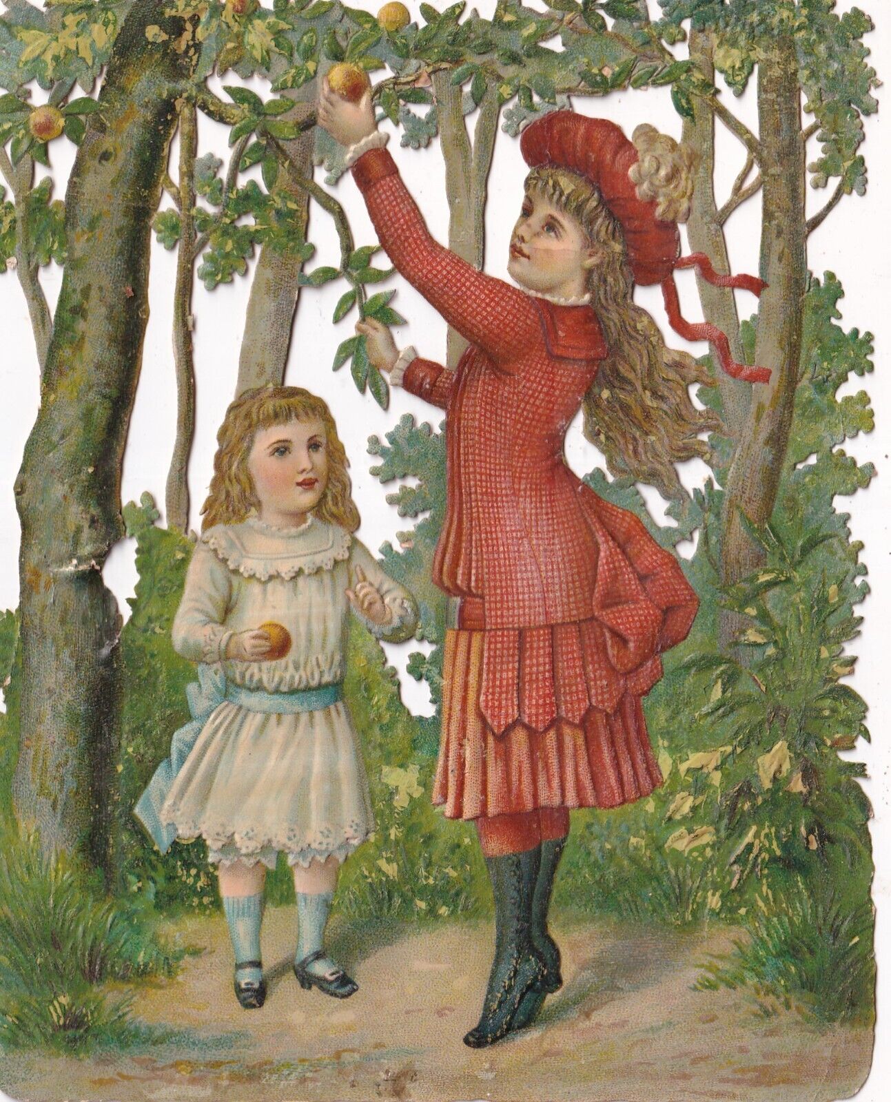 LARGE 1800's Victorian Die Cut Scrap -Girls Picking Peach Orange- 5 x 6.5 in-#B3
