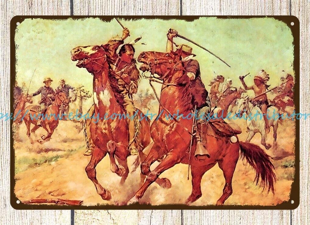 1900s The Duel, Tomahawk n Sabre Charles Schreyvogel cowboy horse tin sign