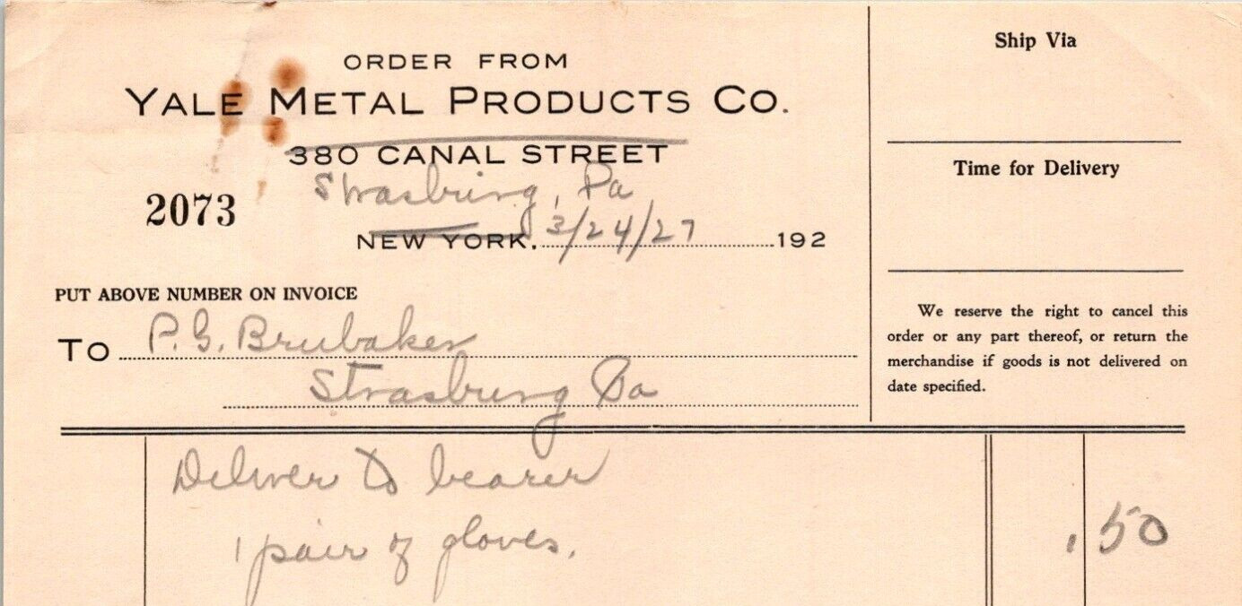 1927 Yale Metal Products Co Order Form STRASBURG PA K45