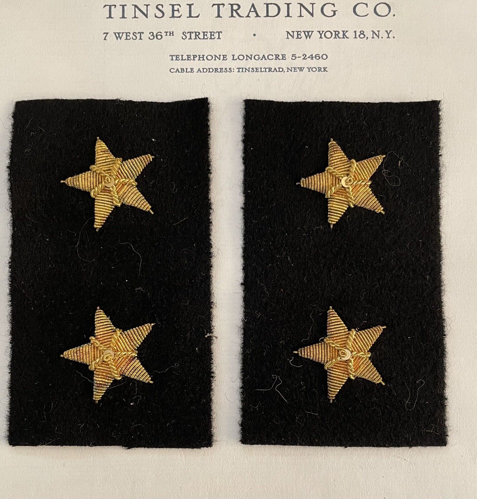 Pr Antique Vintage Gold Metallic Bullion Navy Stars on Wool Felt Insignia