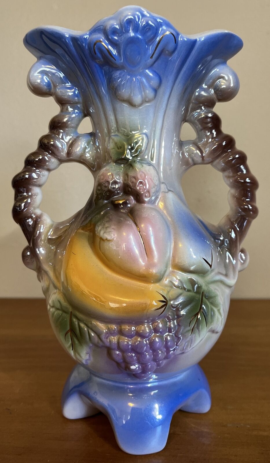 Vintage Footed Vase Beautifully Detailed With Glossy Glaze & Gold Trim