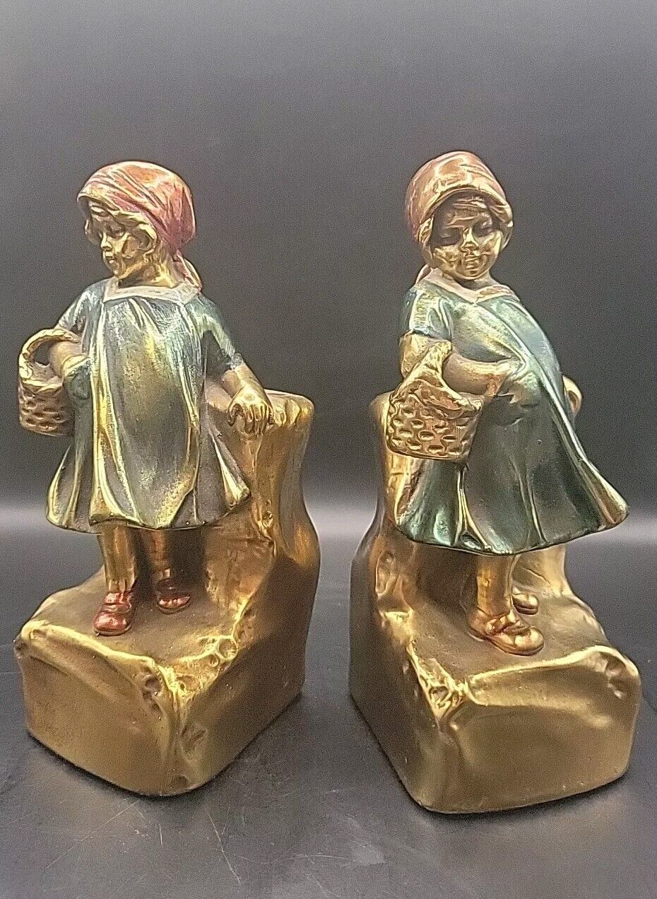 Antique Bronze Clad Bookends Featuring Farmerette Girl With Flower Basket 