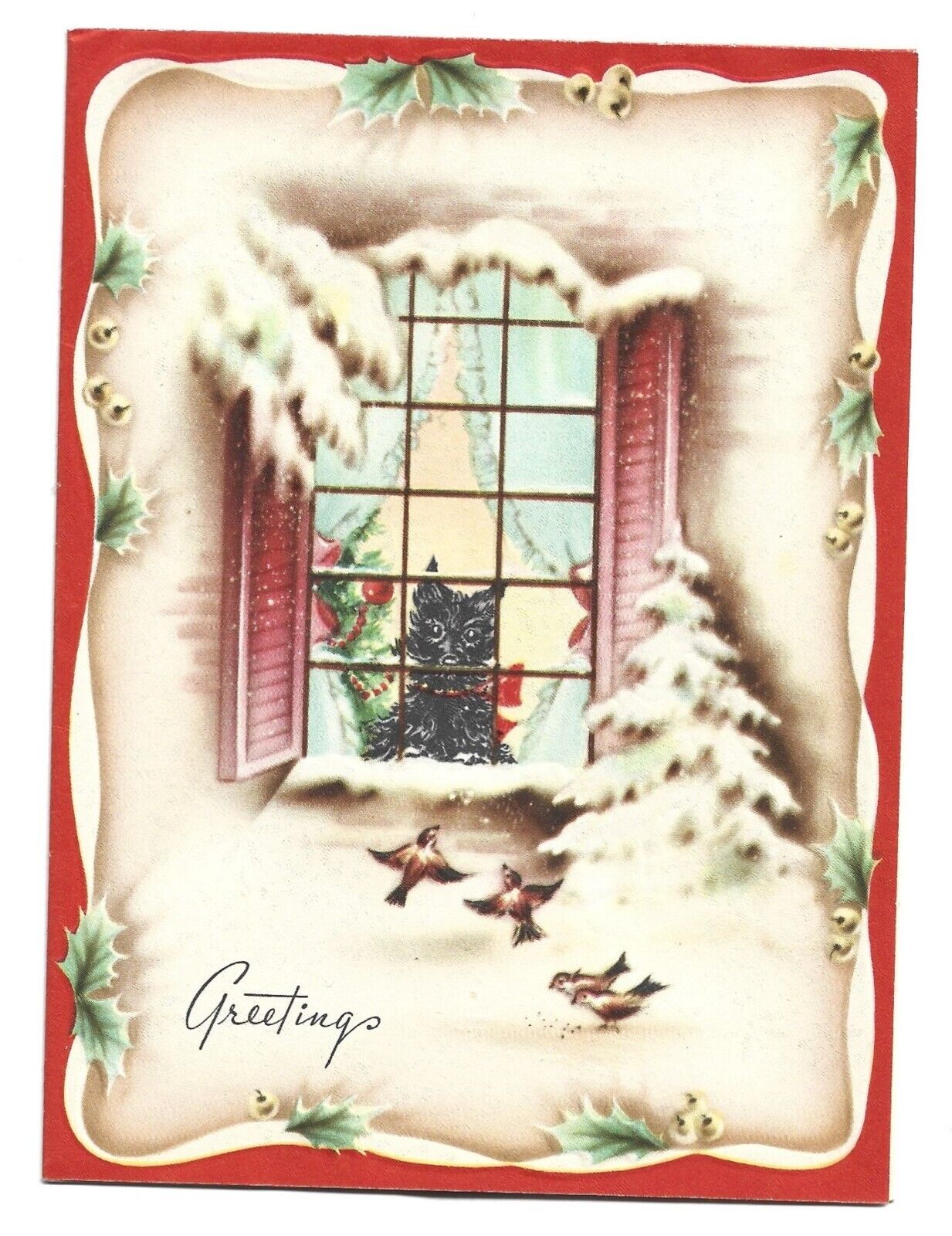 Vtg Christmas Card SCOTTIE DOG RED BOW  PEEKS OUT WINDOW at BIRDIES SNOWY SCENE