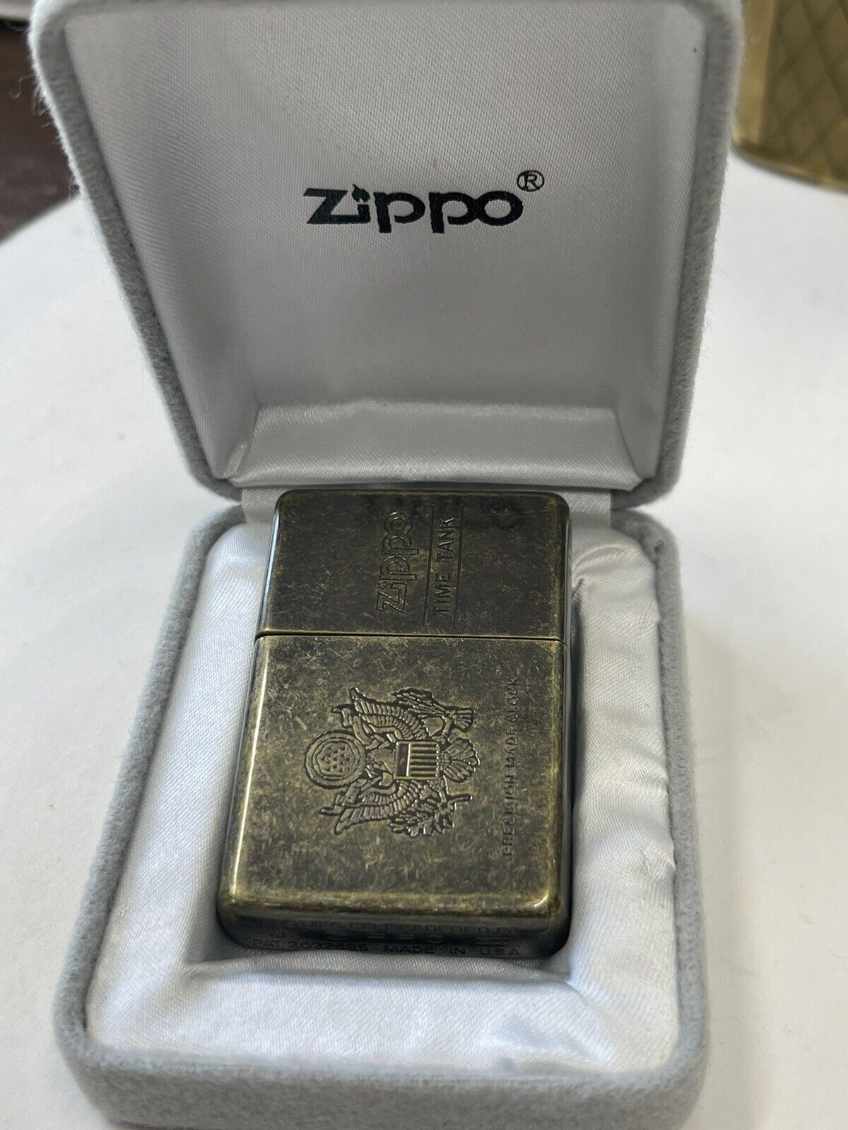 ZIPPO 1995 US SEAL ANTIQUE BRASS TIME TANK PRECISION CLOCK NEVER USED IN BOX 87S