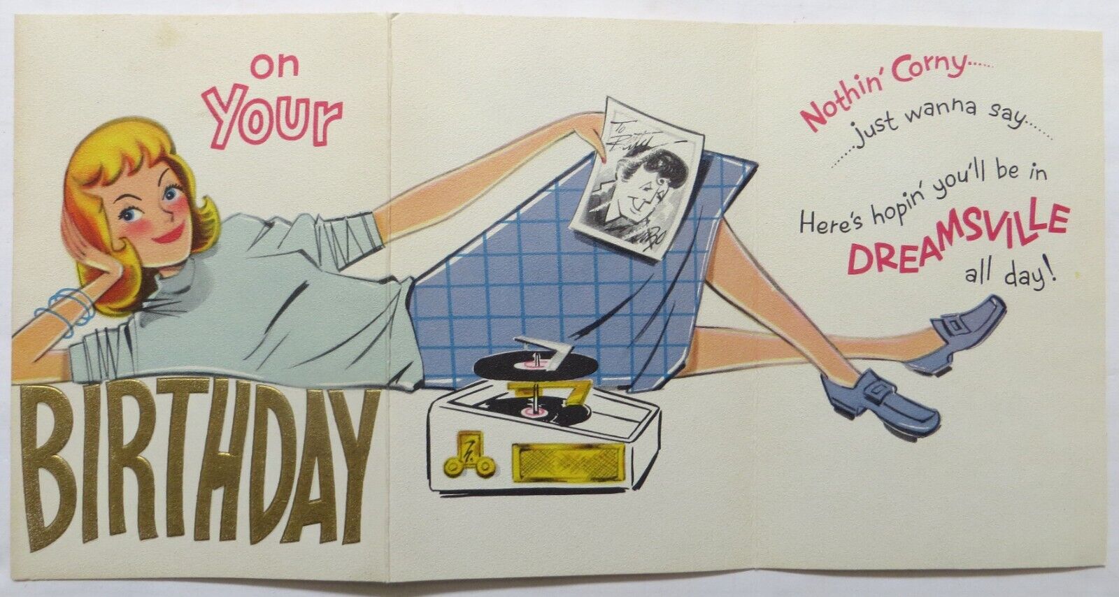 UNUSED Vtg Trifold Birthday Card-CUTE RETRO GIRL LISTENS TO A RECORD PLAYER-enve