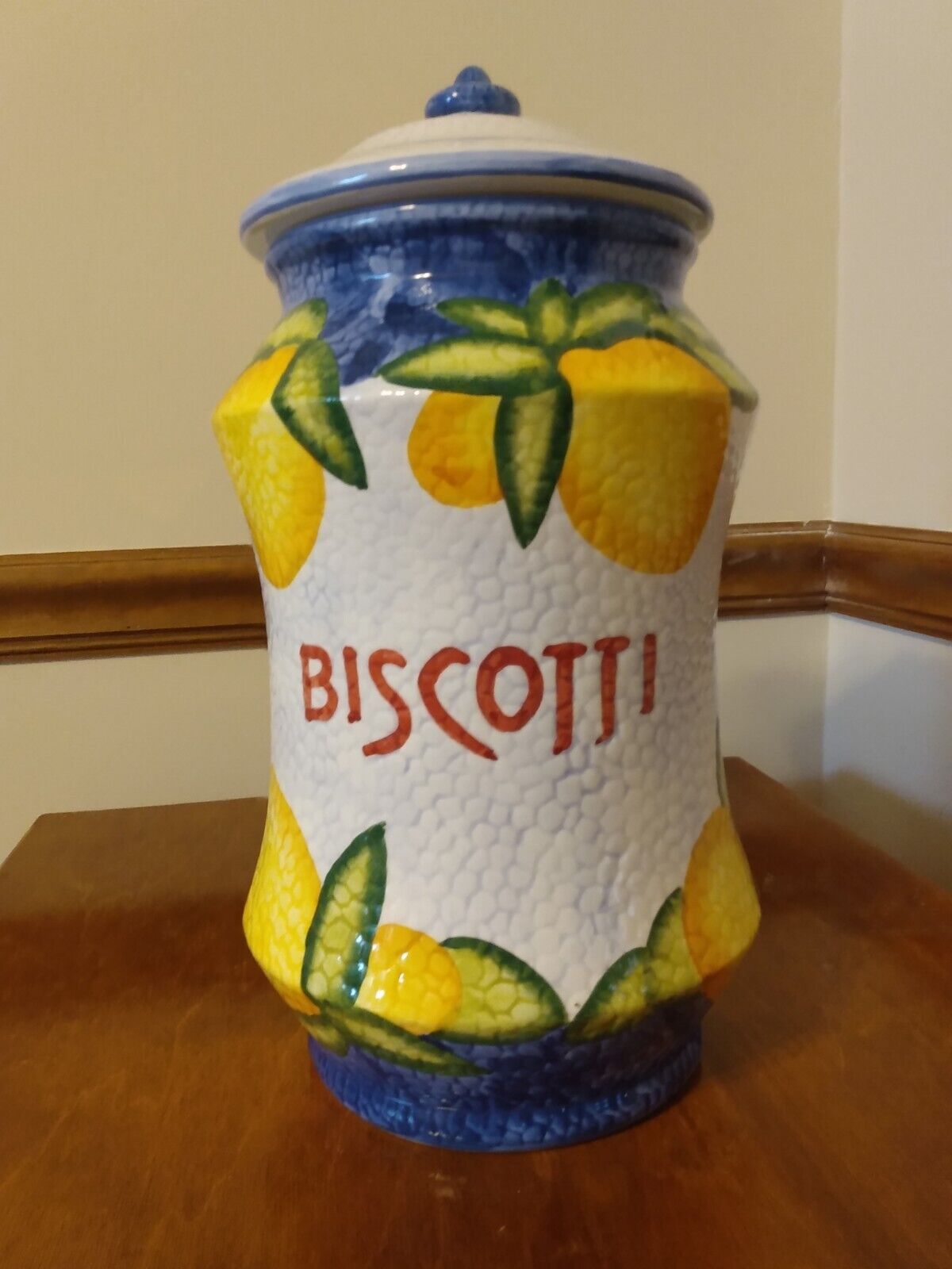 Nonni’s Handmade Painted Fruit Lemon Yellow Blue Biscotti Large Cookie Jar 