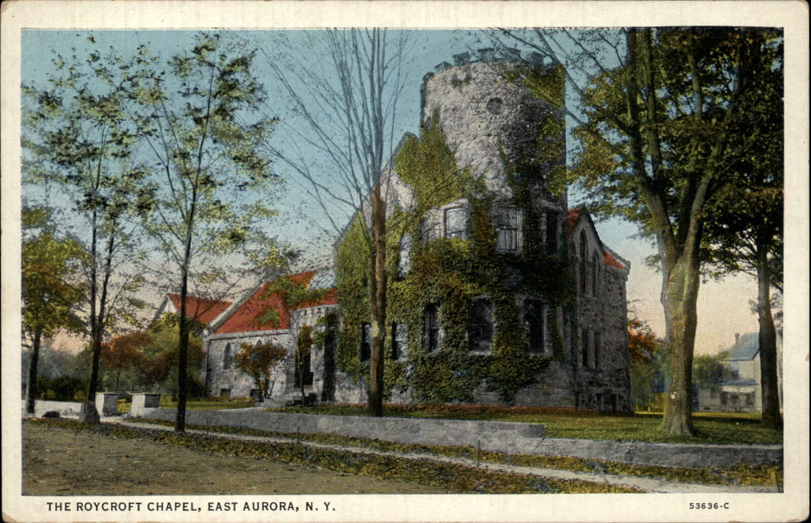 East Aurora New York ~ Roycroft Chapel ~ autumn trees ~ linen postcard sku935