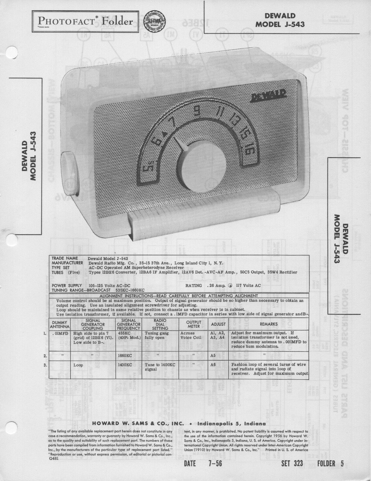 1956 DEWALD J-543 RADIO SERVICE MANUAL PHOTOFACT SCHEMATIC DIAGRAM REPAIR FIX