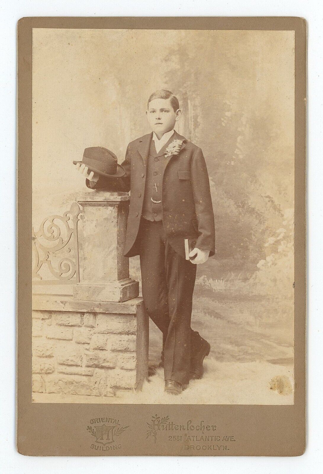 Antique c1880s Cabinet Card Handsome Young Boy Holding Hat and Book Brooklyn, NY
