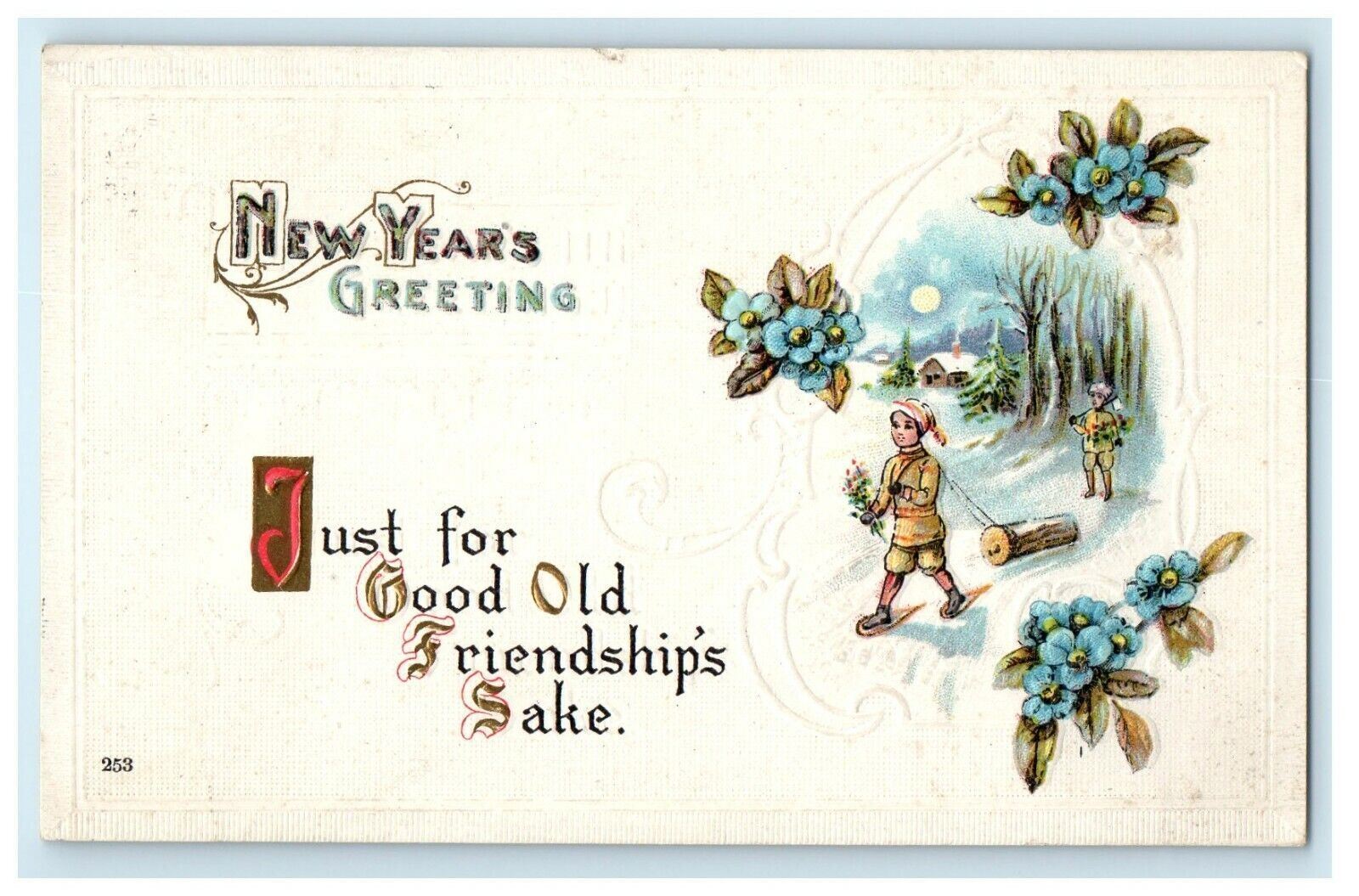 1914 New Year Greetings Boys Pulling Log Flowers Embossed Antique Postcard