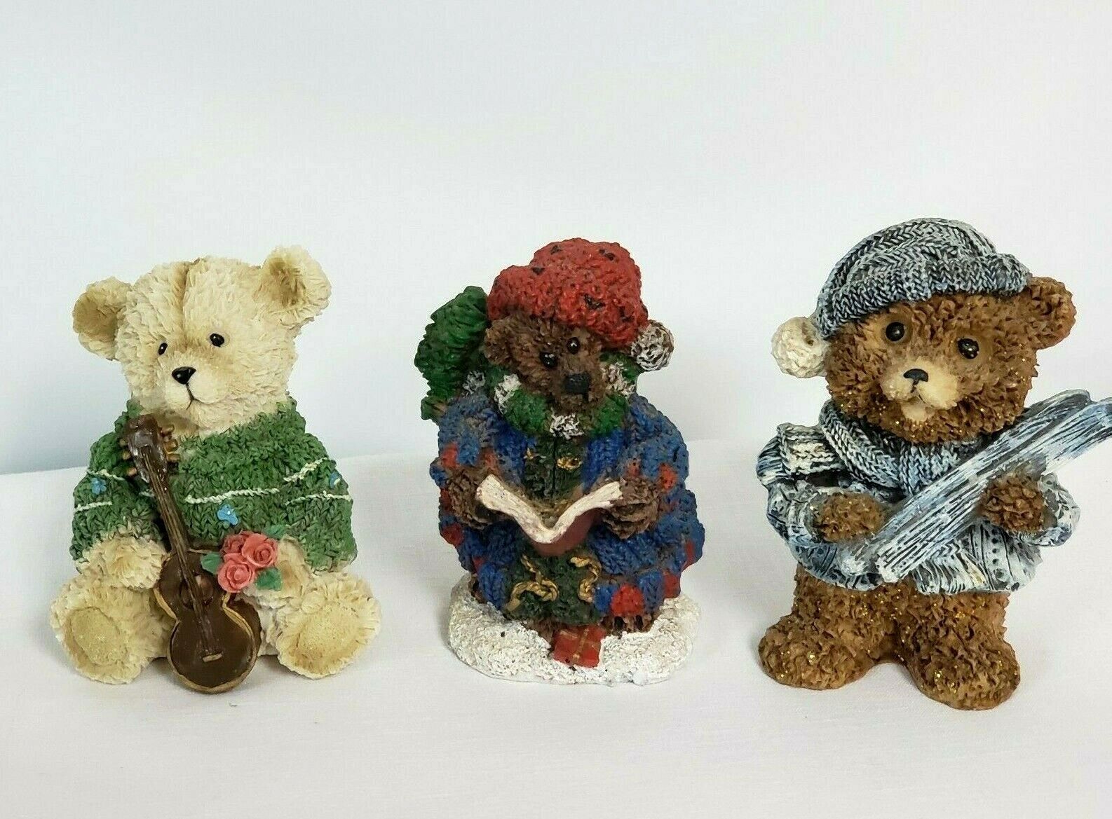 3 Teddy Bear Christmas Holiday Figurines Skiing Chorus Violin resin 5.25in decor