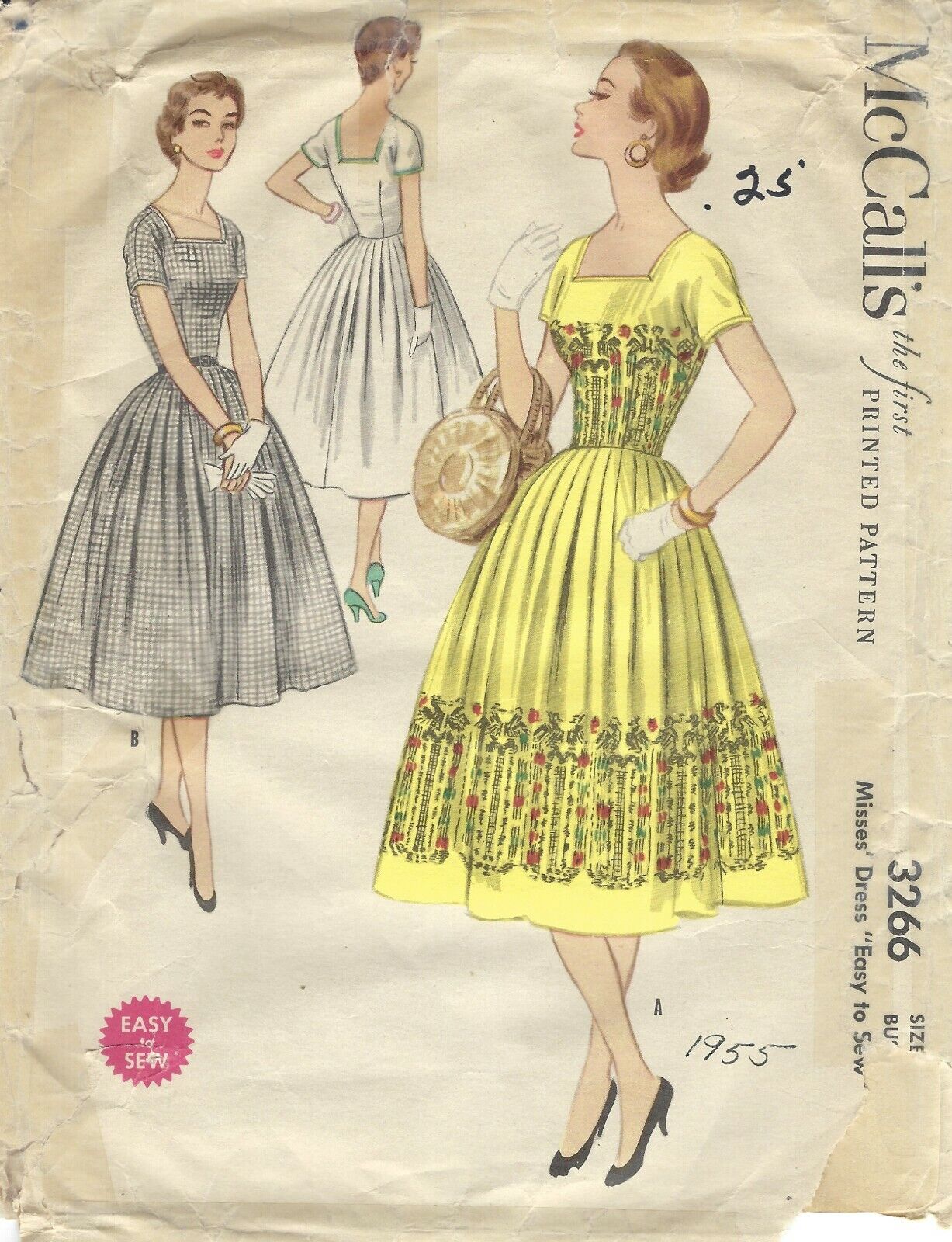 McCall's 3266 Flared Dress w Low Cut Square Neck, Sweeping Skirt Sz 20 UNCUT 50s