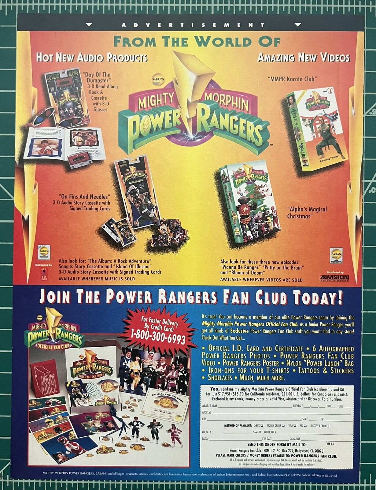 Rare Mighty Morphin Power Rangers Fan Club Order Form Vintage 1994 Saban Ad VHS