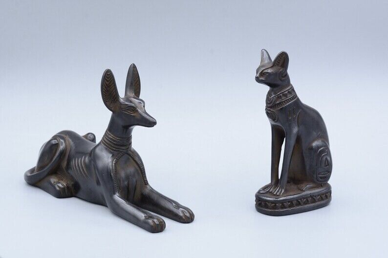 ANCIENT EGYPT set of 2 egyptian art statue god anubis / bastet goddess cat black