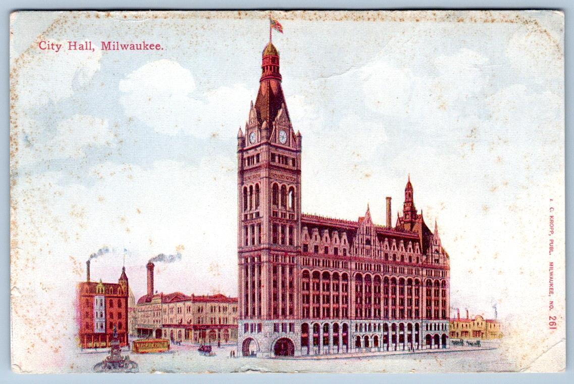 1910\'s CITY HALL MILWAUKEE WISCONSIN ANTIQUE KROPP POSTCARD