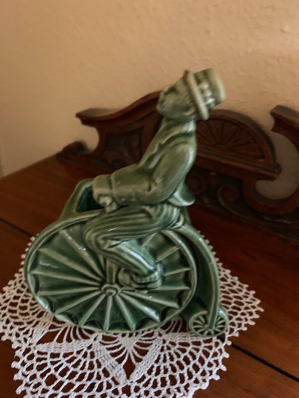 Vintage Ceramic Green Planter Man Riding a Penny Farthing Bicycle Unique