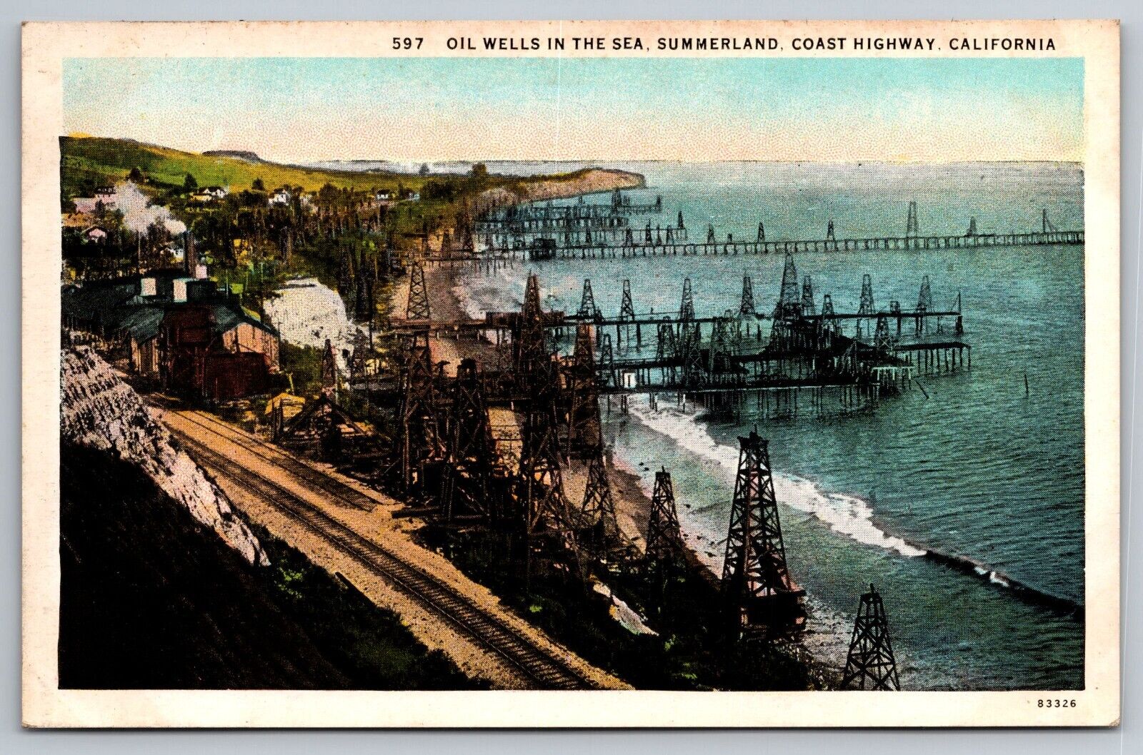 Oil Wells in the Sea. Summerland. Coastal Highway California Postcard