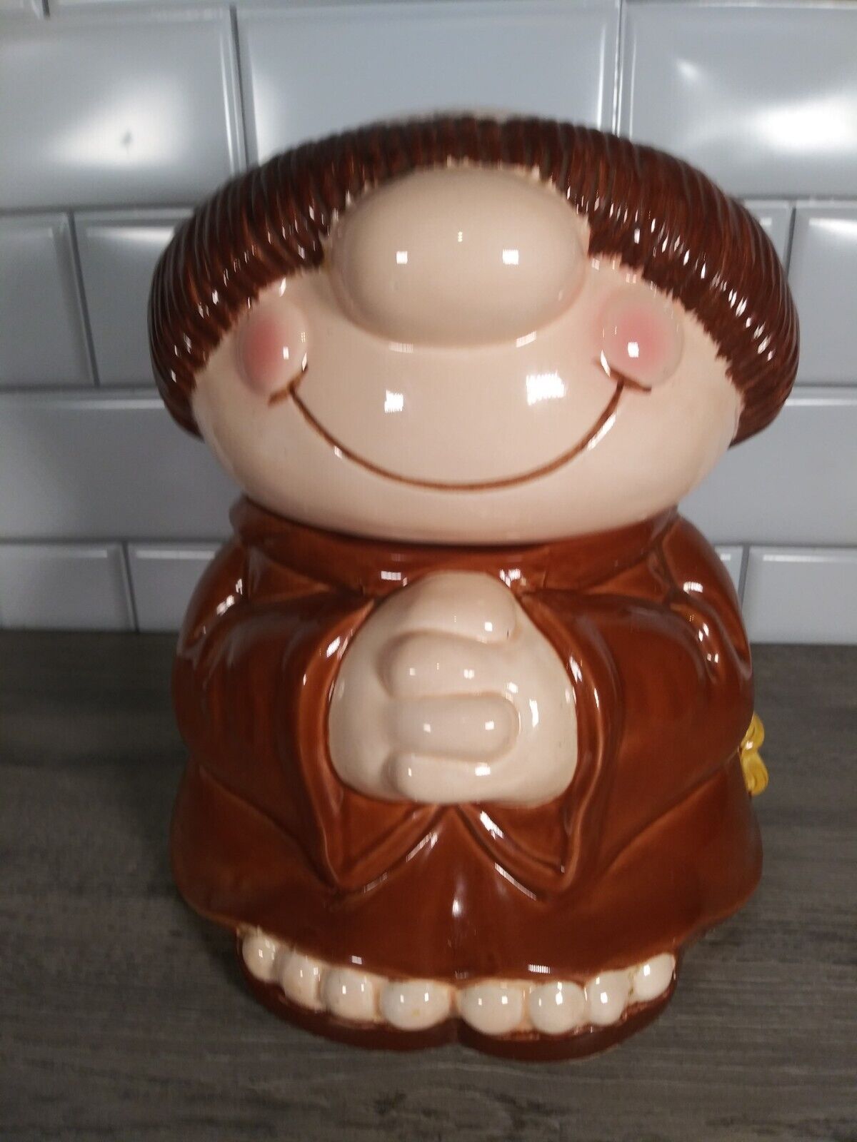 American Greetings Ceramic Cookie Jar Sherman on the Mount Monk Cartoon 1983