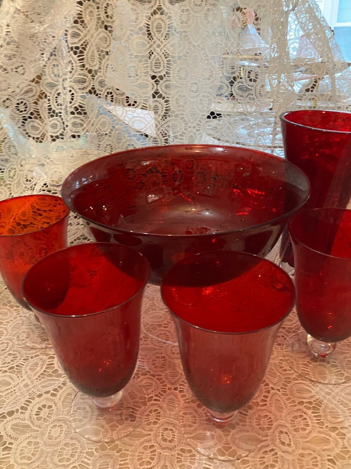 Lenox 4 Ruby & Clear Goblets with Art Glass Vase & Large Bowl
