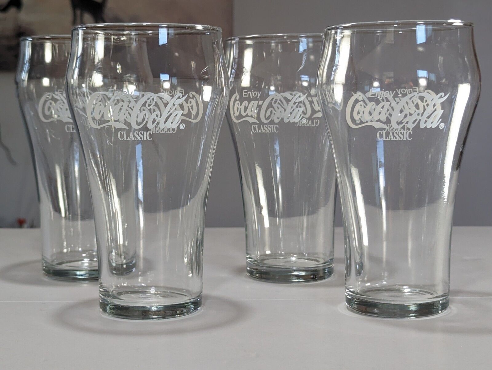 4 Vintage Coca Cola Coke Glasses Tumbler - Bell Shaped, White Letters 