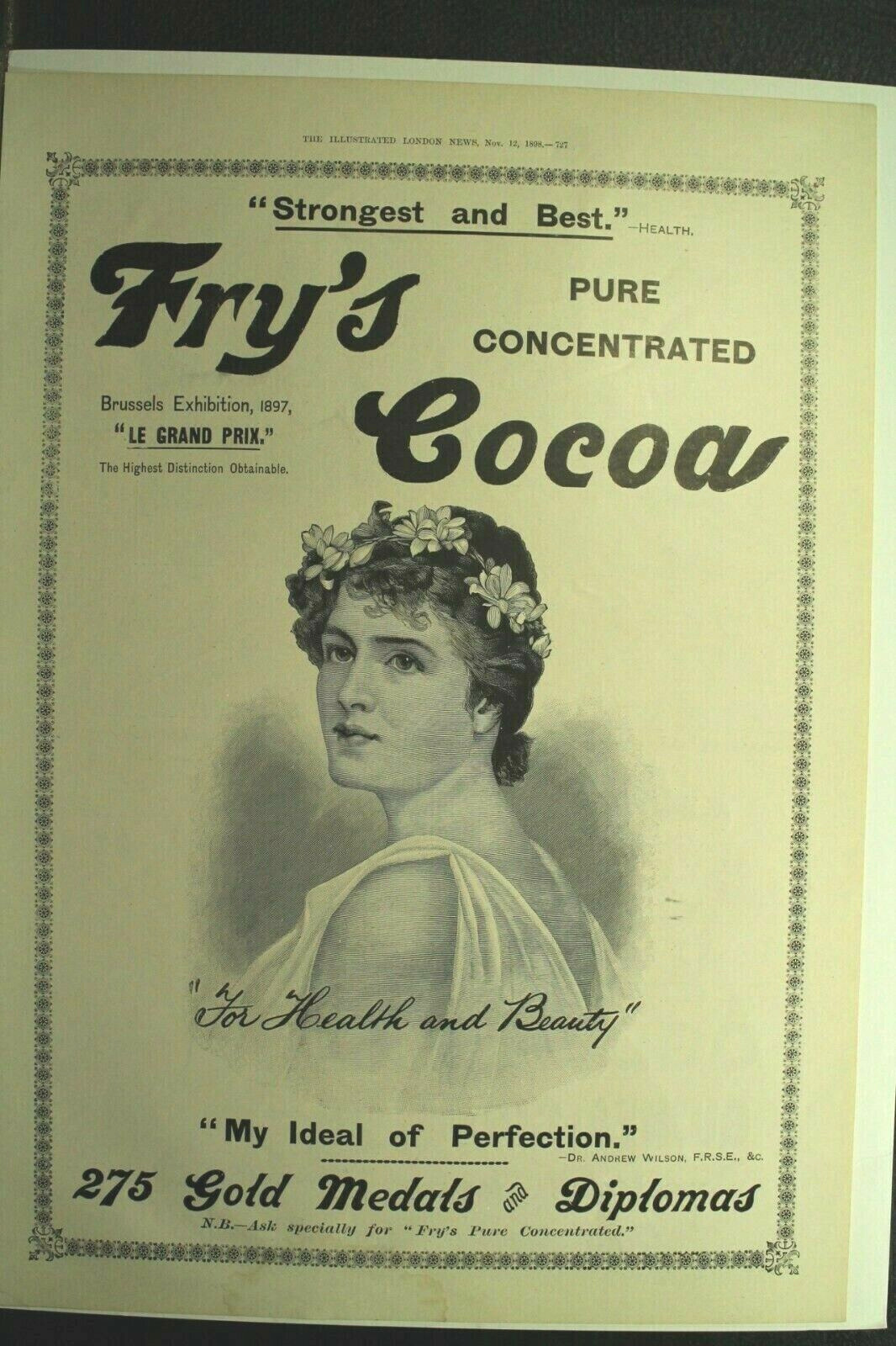 big antique old ad Fry\'s Cocoa 1898 London News Ogden\'s Guinea Gold Cigarettes