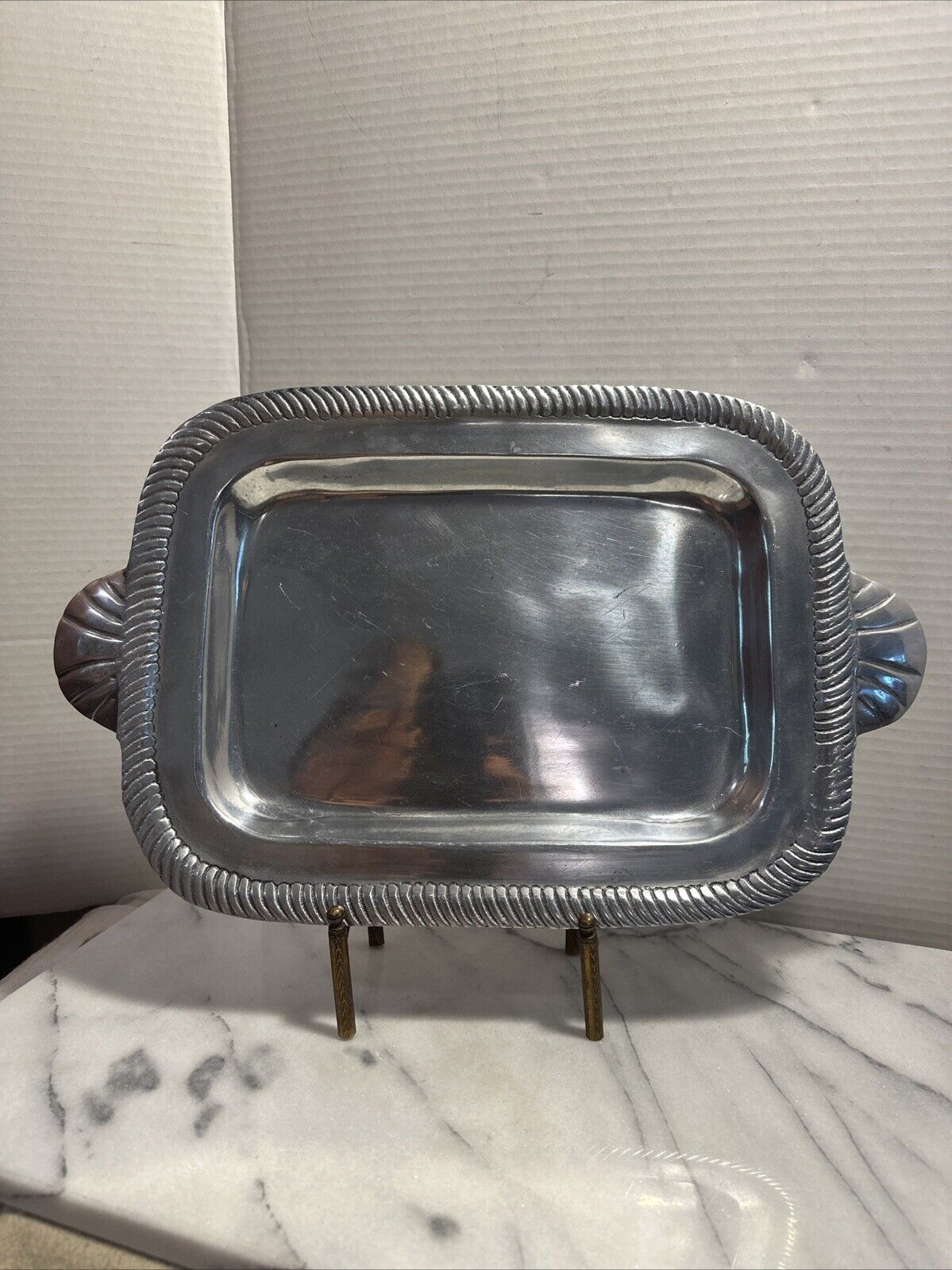 Unbranded Mexican Pewter Aluminum Tray Scalloped Handles 15x10”