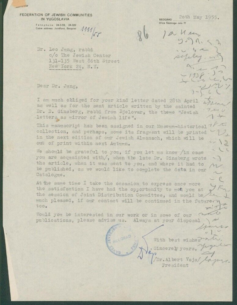 Interesting letter by Albert Vajs (Weiss) president Jewish federation Yugoslavia
