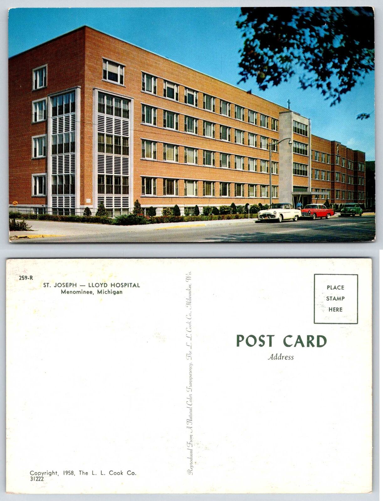 Menominee Michigan ST JOSEPH-LLOYD HOSPITAL OLD CARS Postcard g443