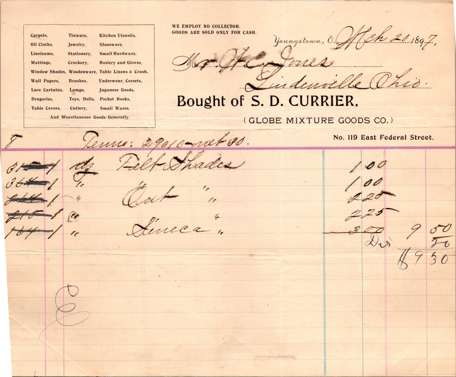 SD Currier Youngstown OH 1897 Billhead Dry Goods