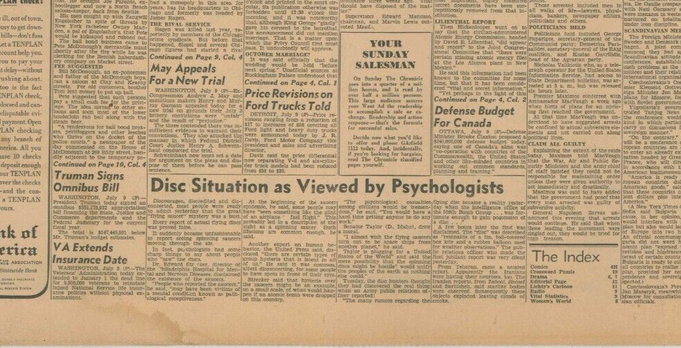 UFO Roswell Discussed .  Pro and the Saucer  Original Newspaper July 10 1947 B40