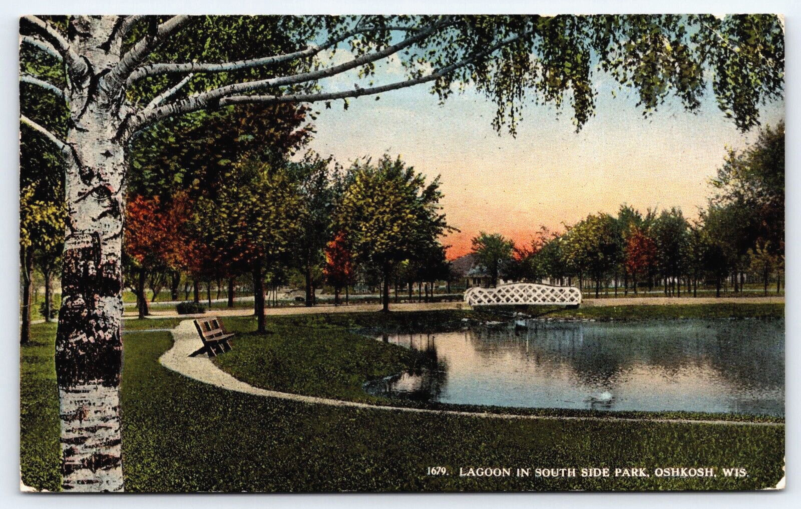 Original Old Vintage Postcard Lagoon In South Side Park Oshkosh, WI USA 1914