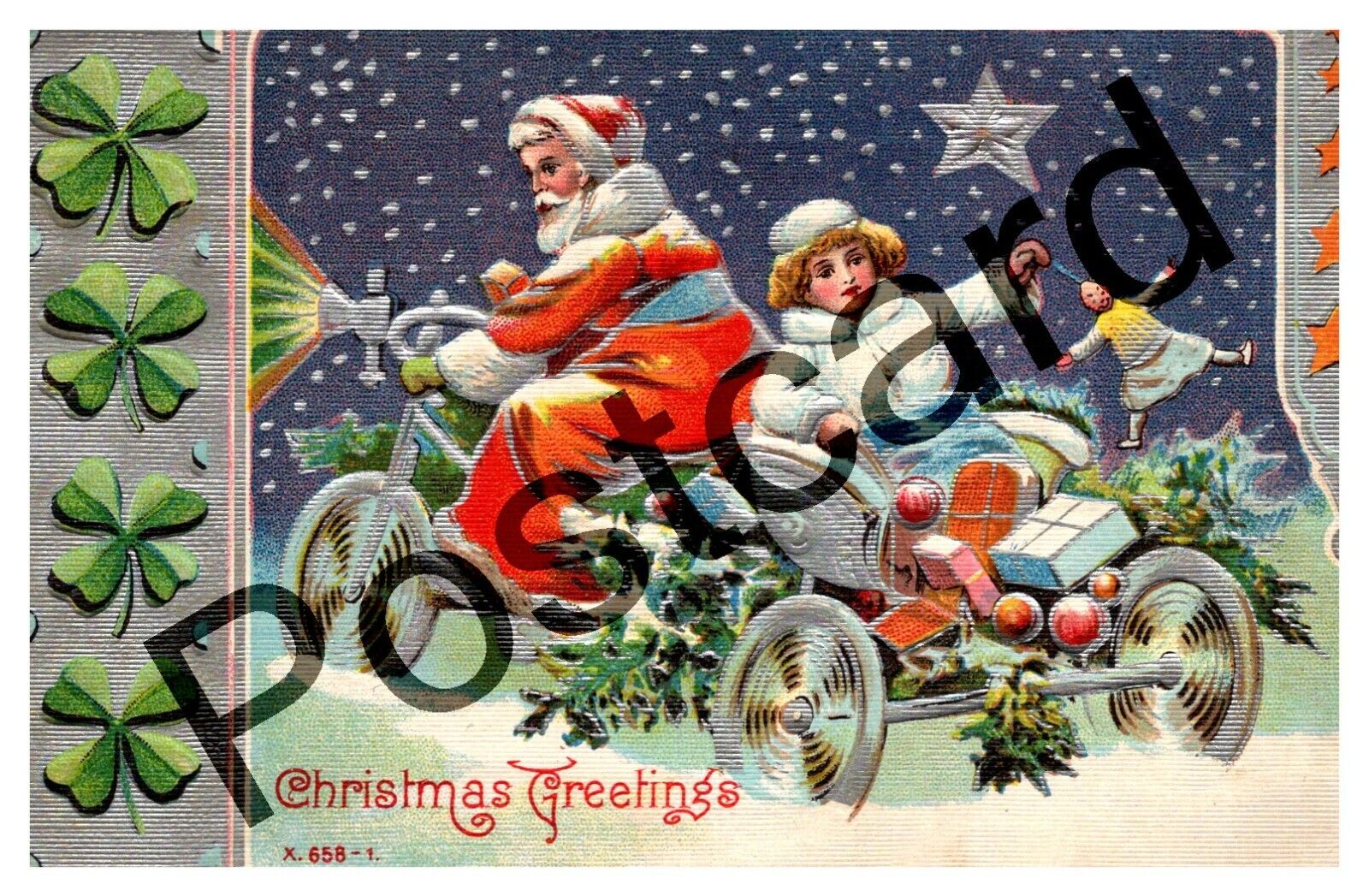 1909 Christmas Greetings, Santa on 3 wheel bike, orange/red robe, embossed jj019