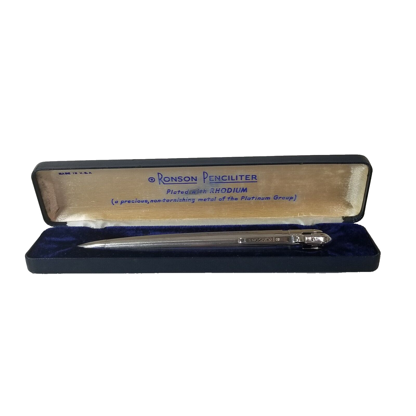 Vintage Ronson Penciliter Lighter Pencil Combo Rhodium-Plated Original Blue Case