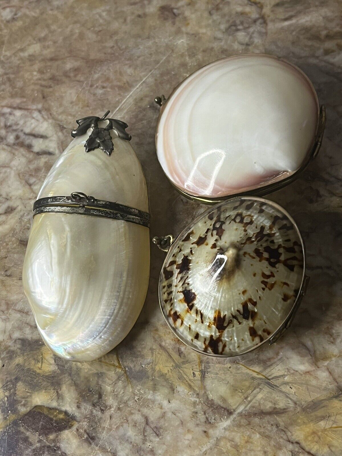 3 Pcs Vintage Brass And Sea Shell Trinket Boxes 
