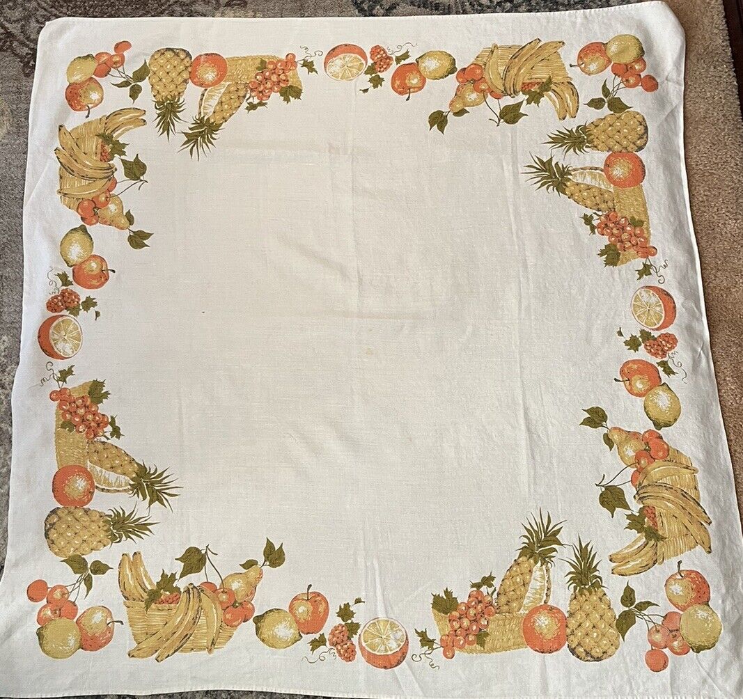Vintage Linen Tablecloth 49” x 49” Fruit Baskets - As Is