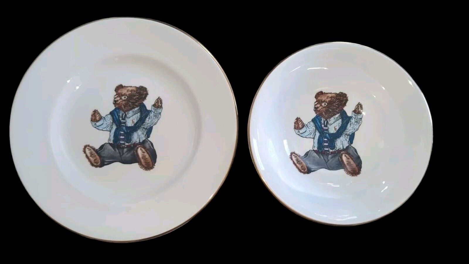 Rare 1992 Ralph Lauren Sweater Tie Polo Bear Wedgwood Porcelain Plate And Bowl