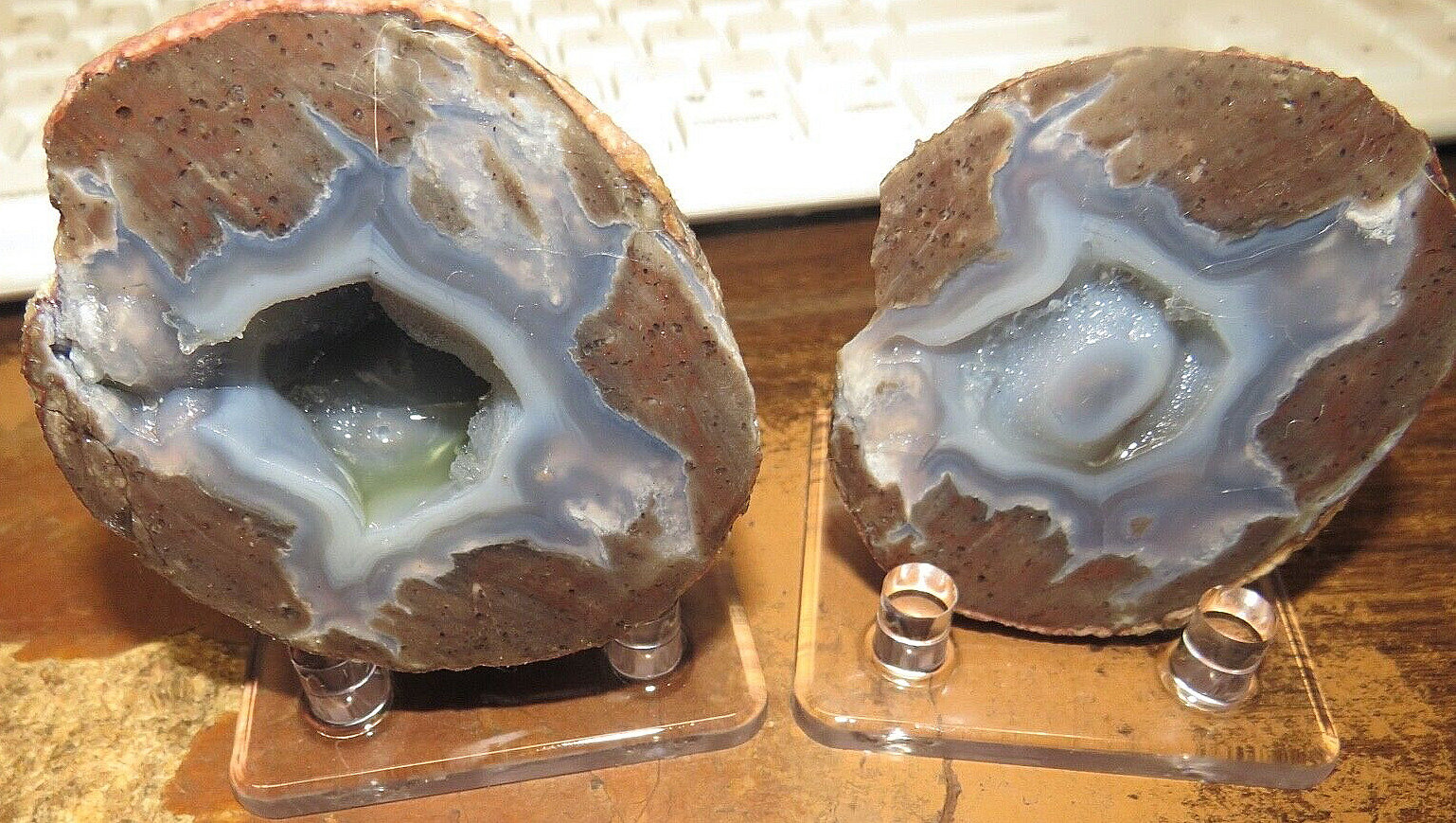 ONE PAIR OPENED UTAH DUGWAY GEODE WITH GORGEOUS BLUE DRUZE CRYSTAL HOLLOW STANDS