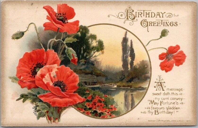 1913 Winsch BIRTHDAY GREETINGS Embossed Postcard Poppy Flowers / Water Scene