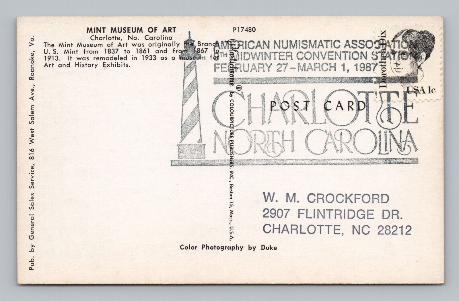 Postcard Advertising American Numismatic Assoc Charlotte North Carolina 1987